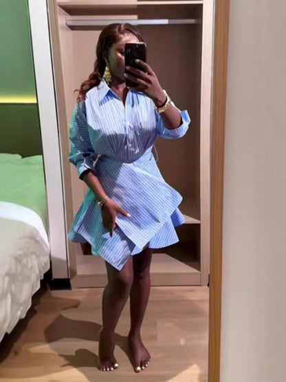 Summer Blue Stripe Shirt Mini Dress