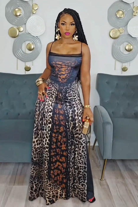 Leopard Lace-Up Back Maxi Dress