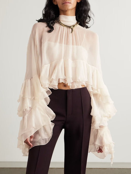 Exquisite Ruffled Chiffon Long-sleeved Short Shirt