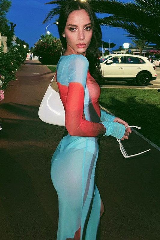 Abstract Print Sheer Maxi Dress