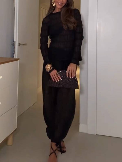 Vacation Style Long Sleeved Pleated Shirt Knickerbockers Set-shirt