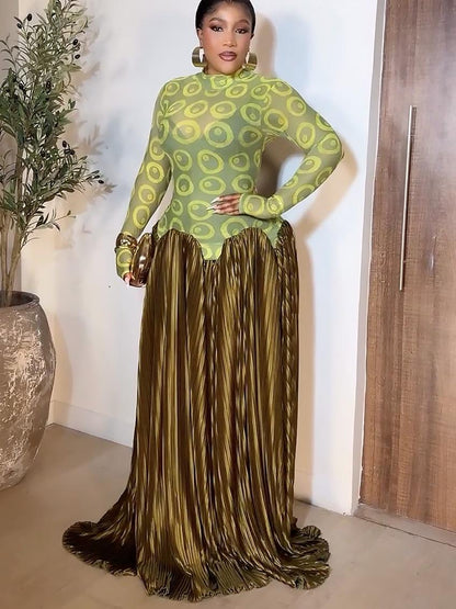 Mesh Panel Retro Pleated Maxi Dress