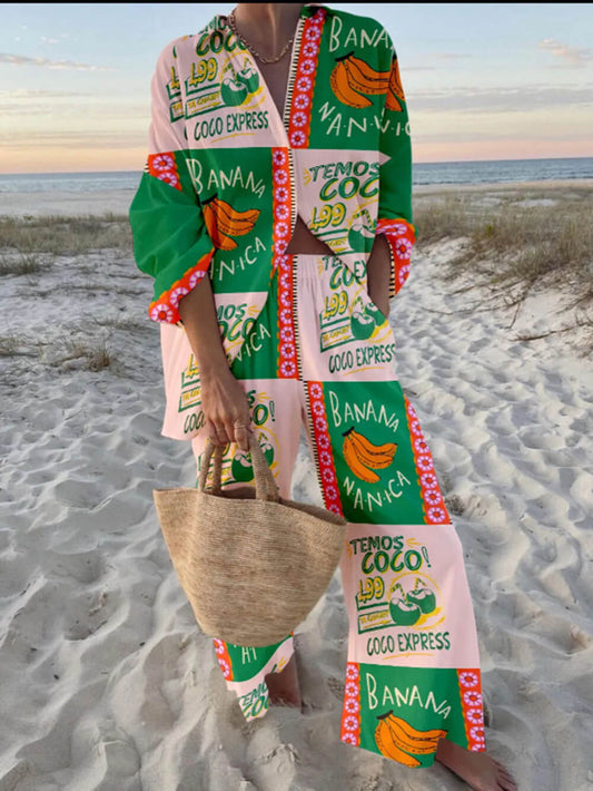 Fashionable Banana And Coconut Unique Print Long-Sleeved Shirt And Wide-Leg Pants Set