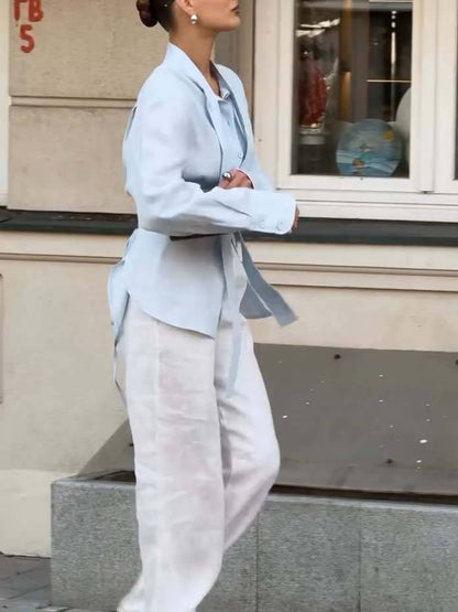 Minimalist Stand-up Collar Ribbon Back Lace-up Shirt and Wide Leg Pants Set-Shirt