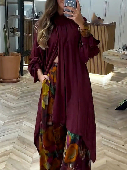 Elegant High-Neck Pleated Asymmetrical Long Blouse