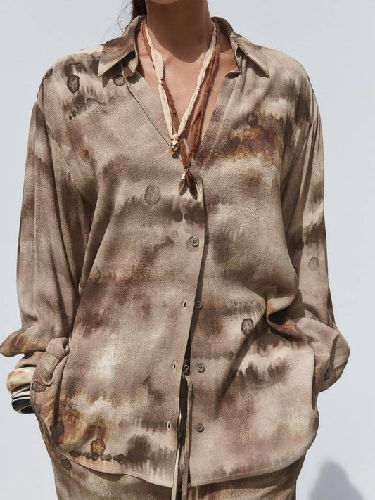 Unique Print Shirt And Wide Leg Pants Suit-Shirt