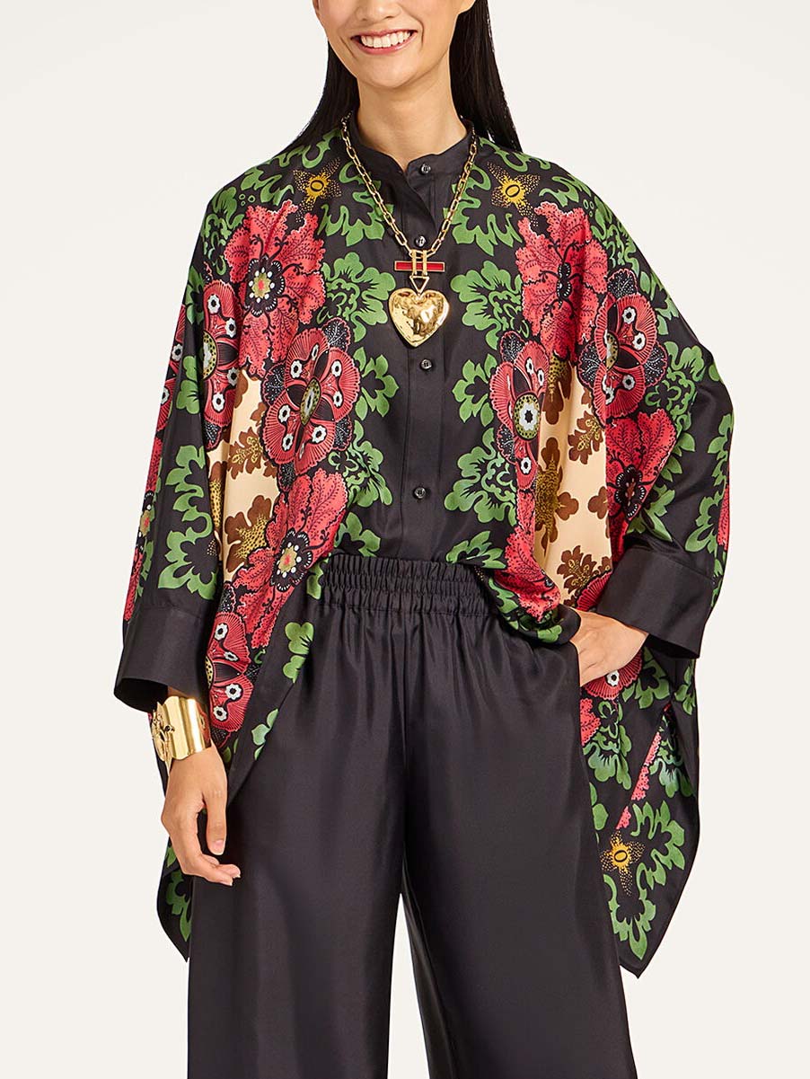 Exquisite Satin Floral Print Kimono Shirt