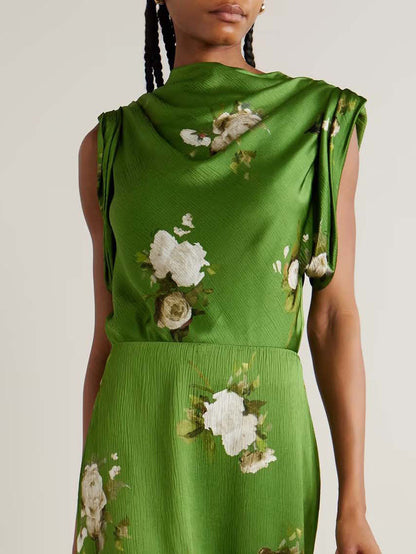 Exquisite Rose Floral Print Satin Shirt