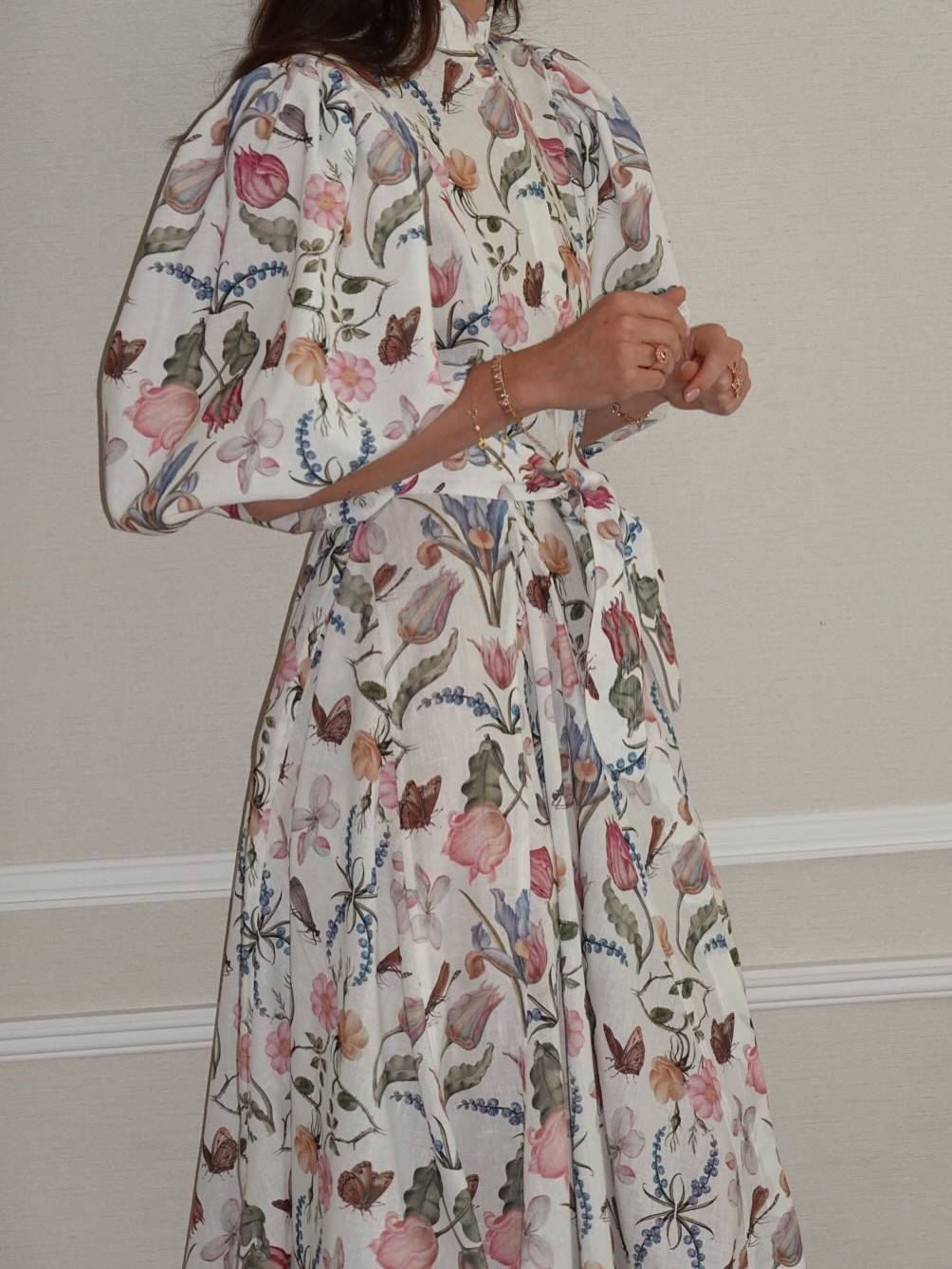 Stand Collar Puff Sleeve Print Dress