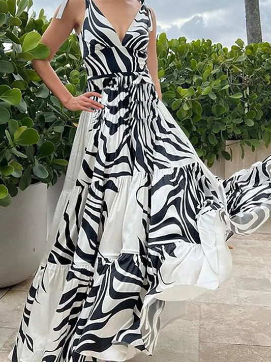 Deep V Striped Monochrome Elegant Swimsuit