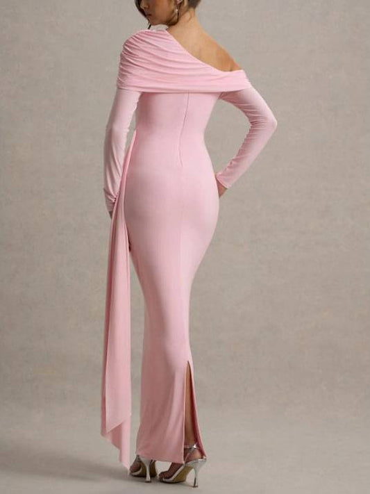 Slant Shoulder Ribbon Design Maxi Dress