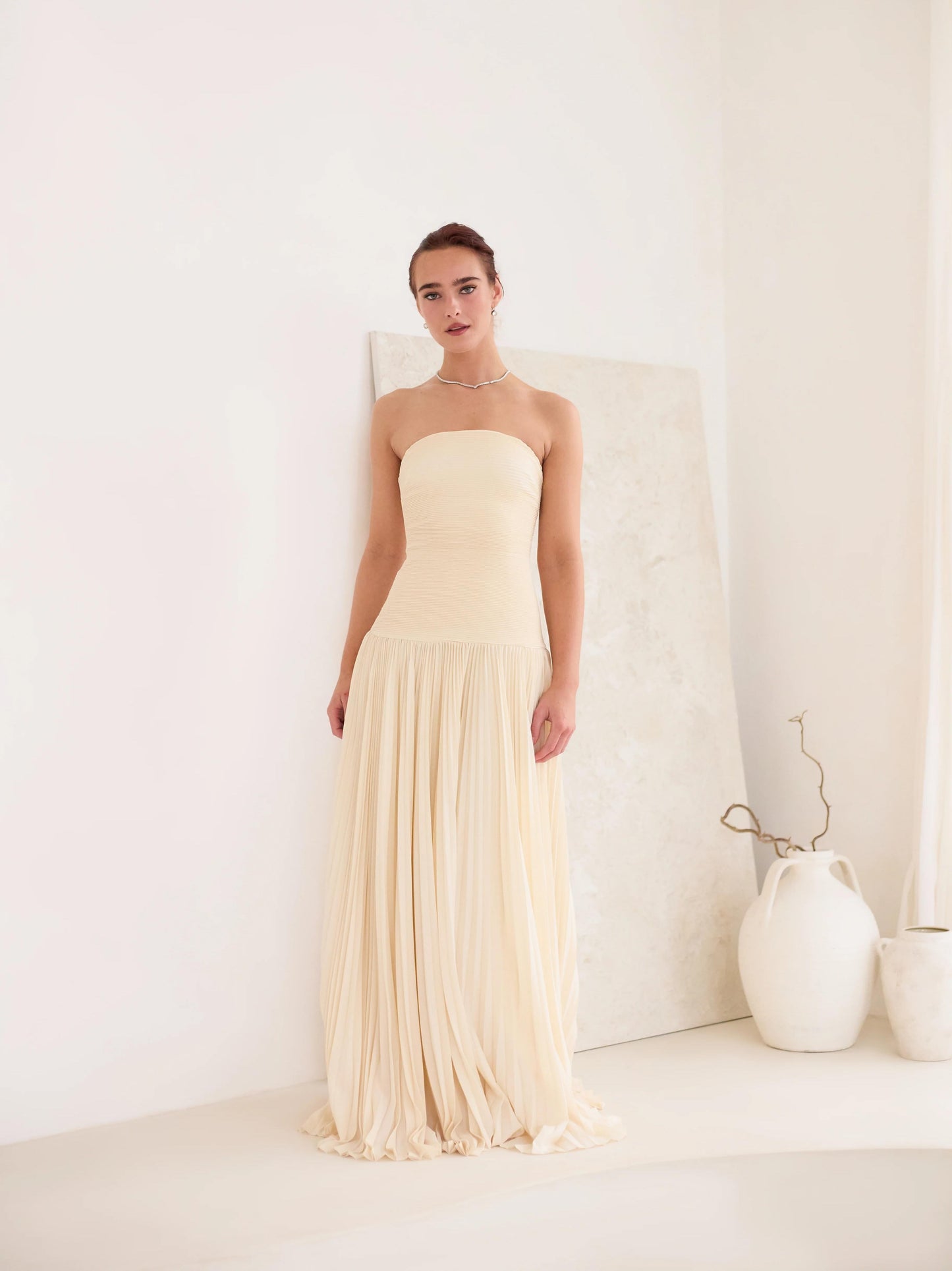 Strapless Ruched Bodice Pleated Maxi Dress With Cape