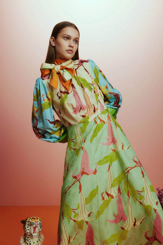 High Collar Lantern Sleeve Patchwork Dress