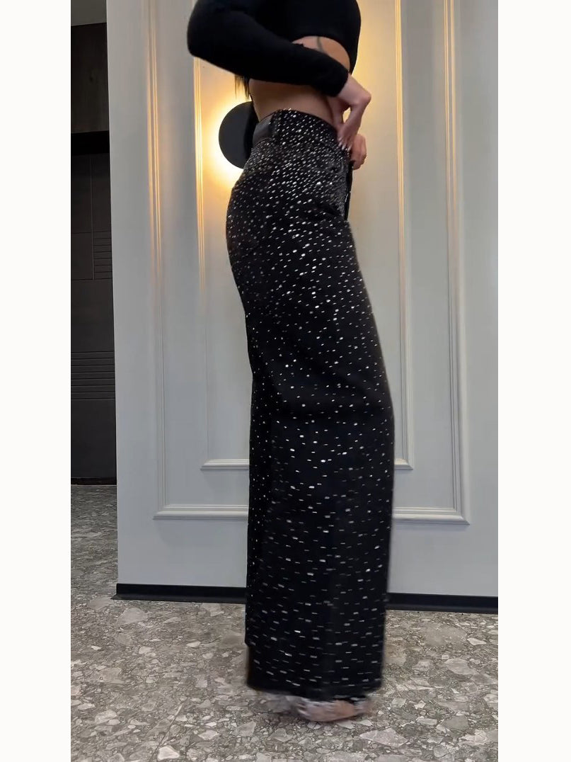 All-Over Rhinestone Wide-Leg Jeans