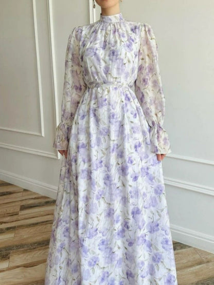 Purple White Floral Chiffon Maxi Dress