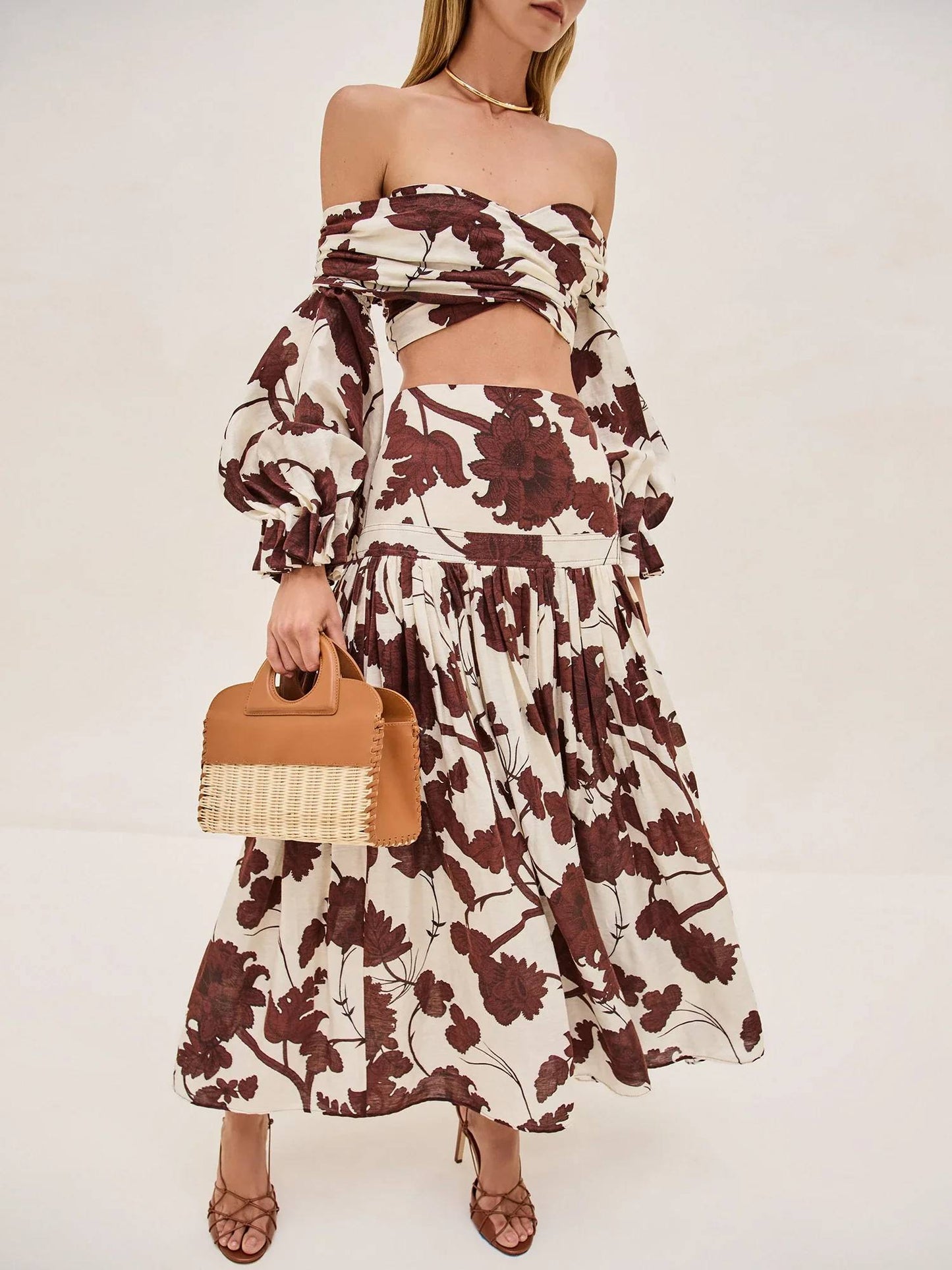 Printed Off-shoulder Top And Skirt Suit