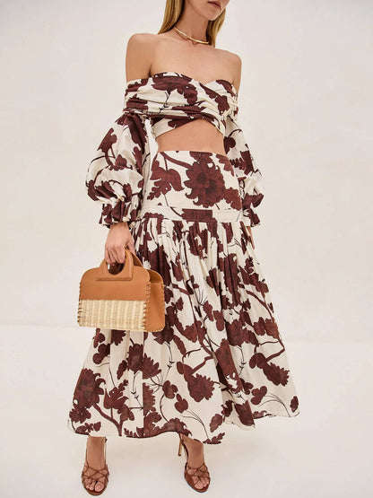 Printed Off-shoulder Top And Skirt Suit