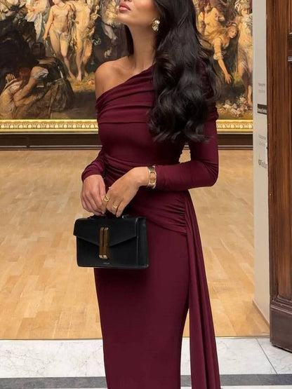 Slant Shoulder Ribbon Design Maxi Dress