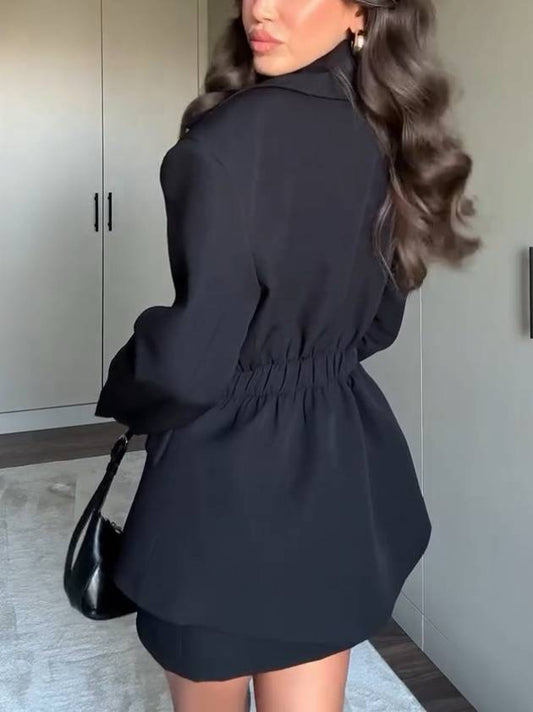 Wide Shoulder Waisted Blazer And Mini Skirt Suit - Blazer