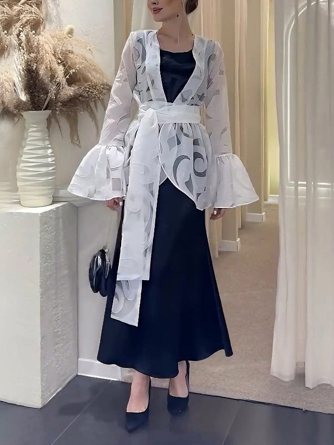 Elegant Ruffled Organza Cardigan & Black Maxi Dress Two-Piece Set