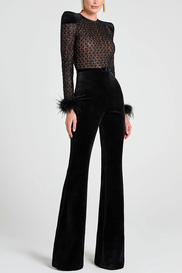 Monique Fish Scale Lace Sequin Velvet Patchwork Feather Trim Belted Stretch Flare Jumpsuit