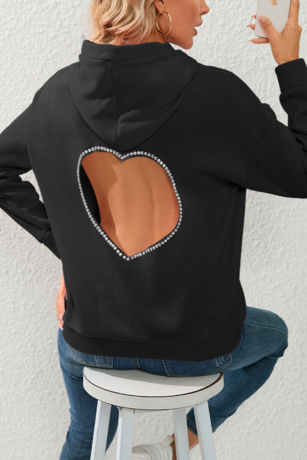 Love Pattern Hollow Diamond Velvet Hooded Long Sleeved Sweatshirt