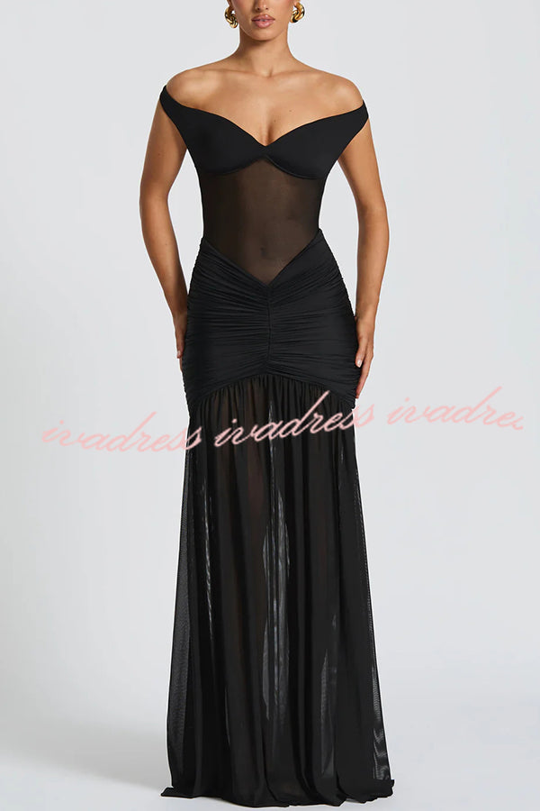 Raise The Level Mesh Off Shoulder Ruched Scarf Stretch Maxi Dress