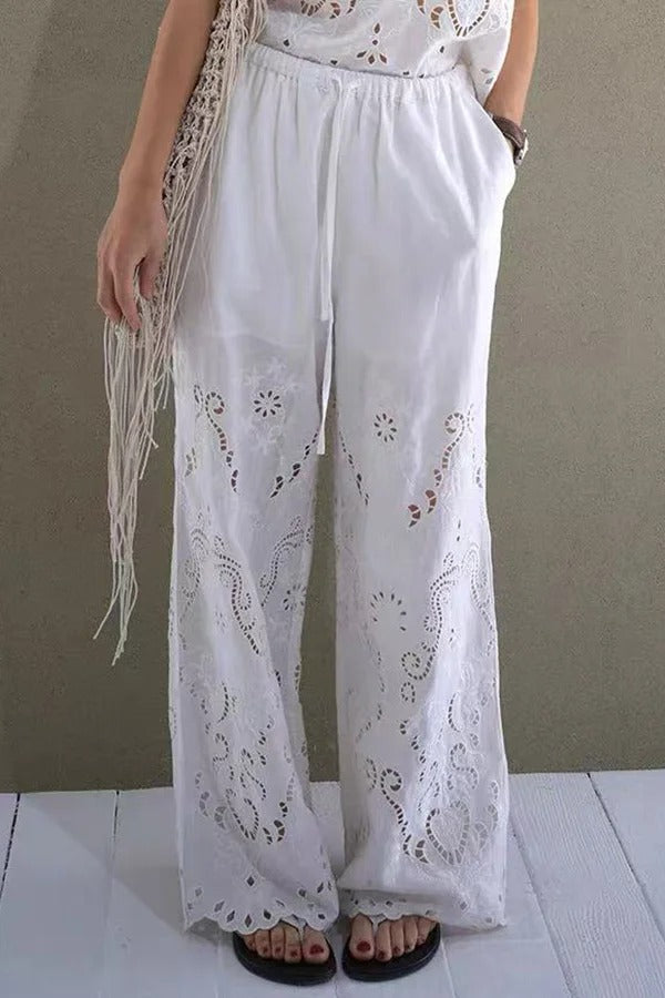 Linen Blend Solid Color Hollow Loose Vest and Elastic Waist Casual Pocket Wide Leg Pants Set