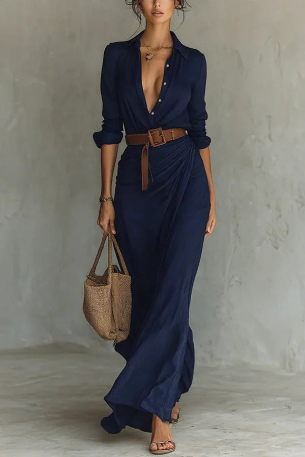 City Sleek Single Breasted Long Sleeve Warp Slit Shirt Maxi Dress