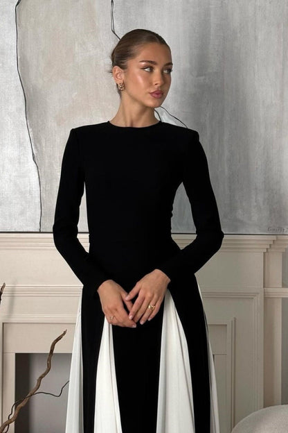 Vestido largo de manga larga de tul de doble capa en color contrastante