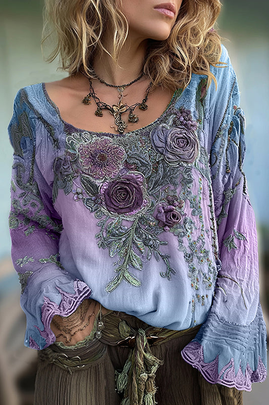 Bohemian Floral Print Round Neck Long-sleeved Loose Top