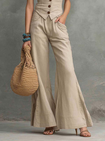 Bohemian Vintage Linen-Blend Halter Vest & Wide-Leg Pants Set