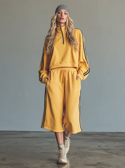 Stylish And Casual Sporty Color-blocked Yellow Sweatshirt And Five-point Shorts Set