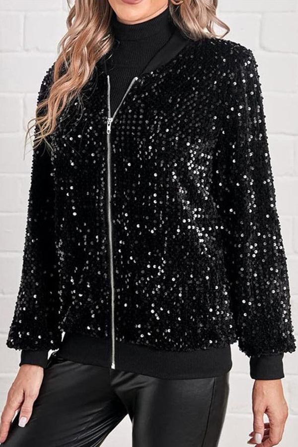 Fashionable Sequined Long-sleeved Zip-up Casual Jacket