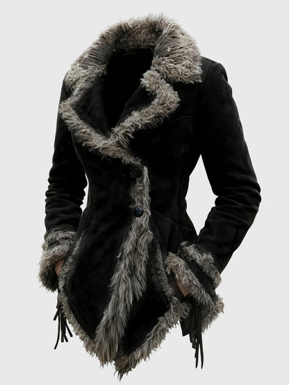 Daily Faux Fur Brown Turndown Collar Long Sleeve Asymmetric Hem Western Pocket Chamois Jacket