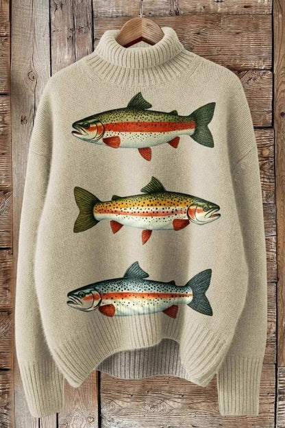 Suéter holgado de cuello alto con estampado de trucha 