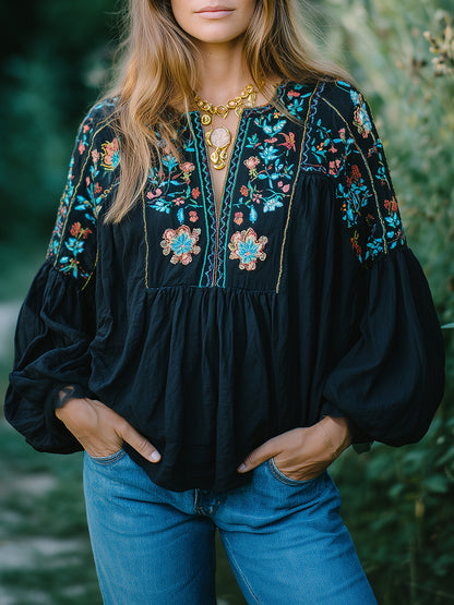 sheenchic Vacation Black V Neck Lantern Sleeve Long Sleeve Embroidery Boho Contrast Linen Blouses [Pre-Order]