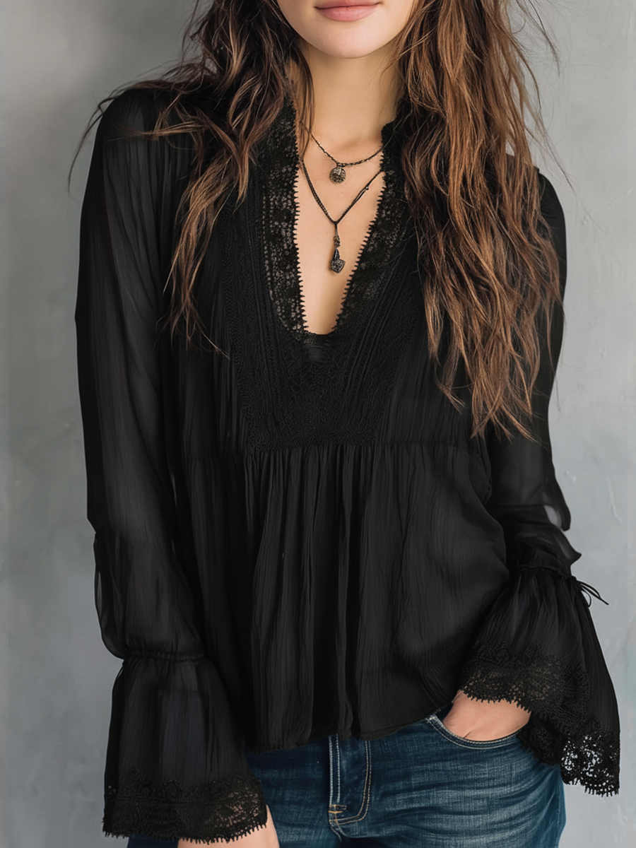 sheenchic Daily Mesh Royal Blue V Neck Long Sleeve See Through Vintage Ruffled Lace Blouses [Pre-Order]