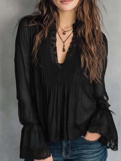 sheenchic Daily Mesh Royal Blue V Neck Long Sleeve See Through Vintage Ruffled Lace Blouses [Pre-Order]