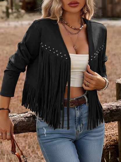 Daily Brown Long Sleeve Strappy Western Studded Chamois Cardigans