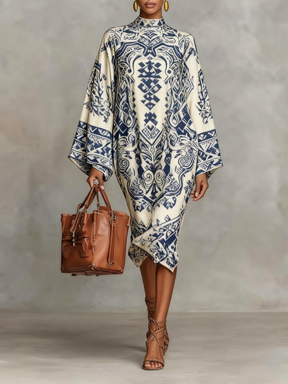 Daily Pink Paisley Mock Neck Long Sleeve Boho Midi Dresses