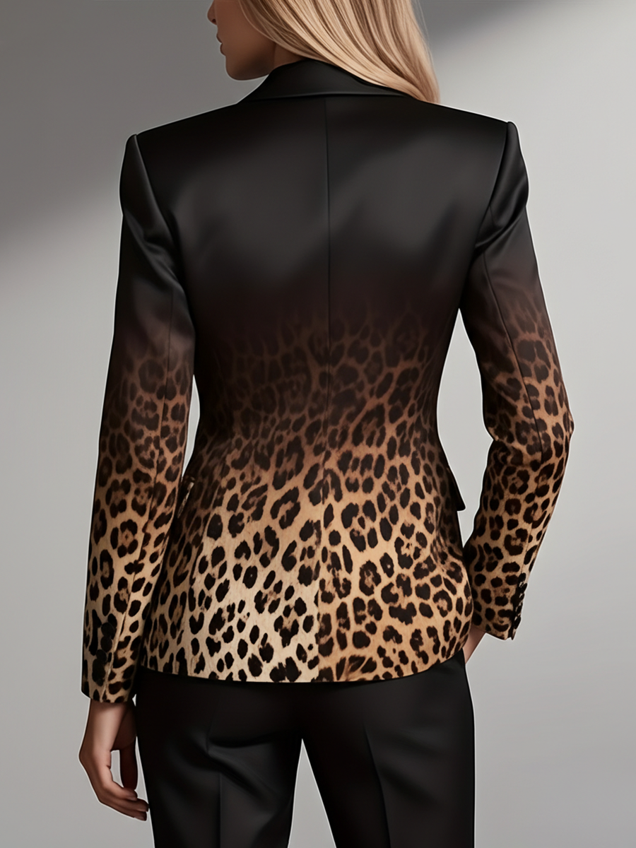 Business Casual Black Leopard Turndown Collar Long Sleeve Pocket Casual Button Blazer