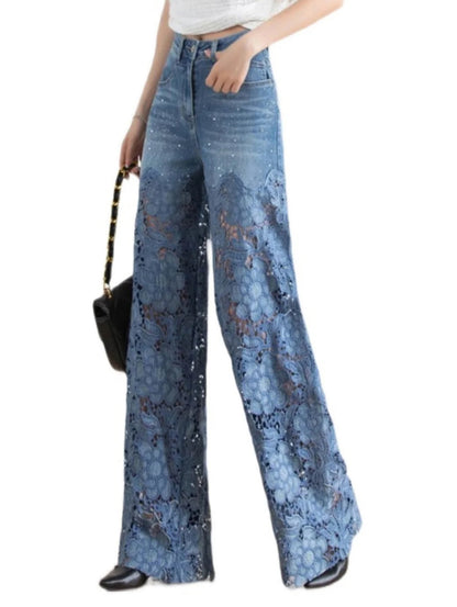 Fashion Rhinestone Denim Lace Patchwork High Waist Straight Leg Jeans