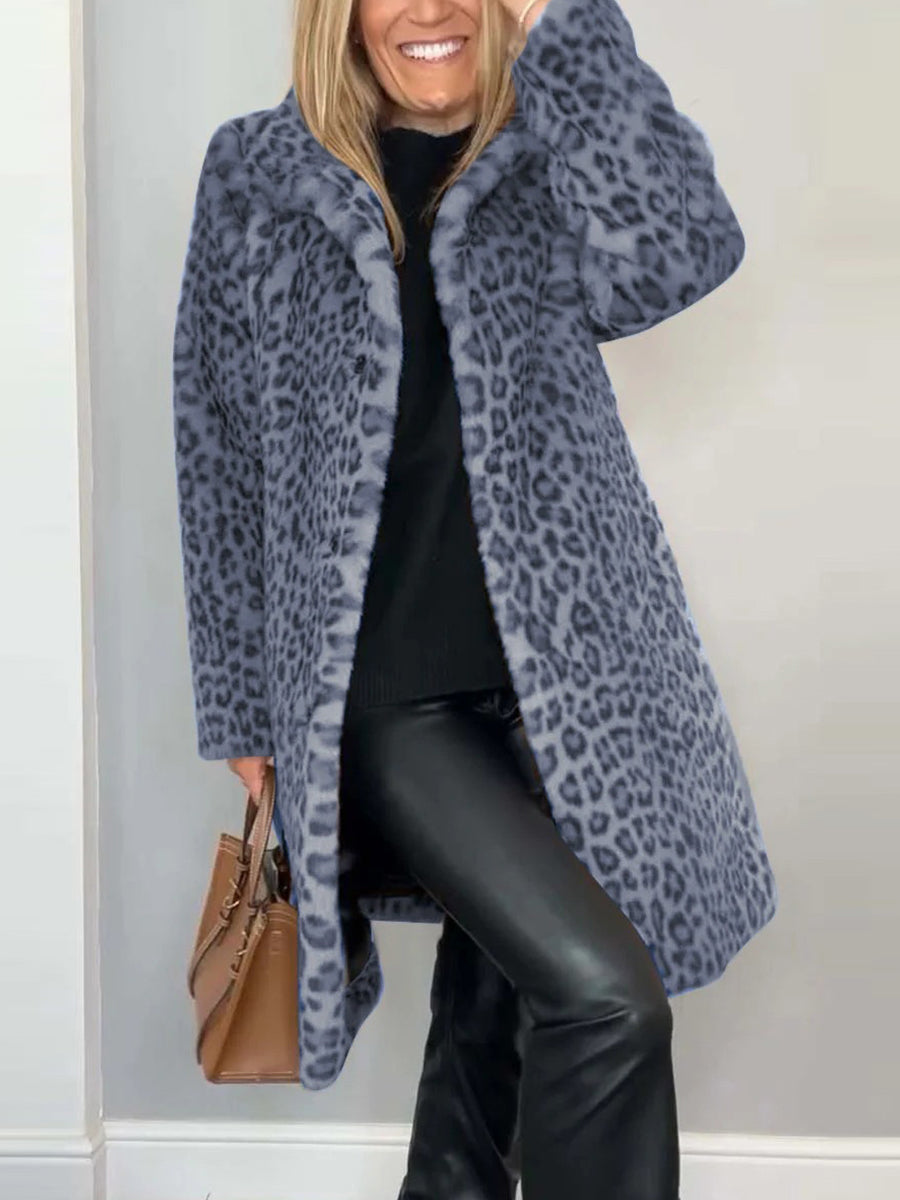 Daily Brown Leopard Turndown Collar Long Sleeve Vintage Faux Fur Coat