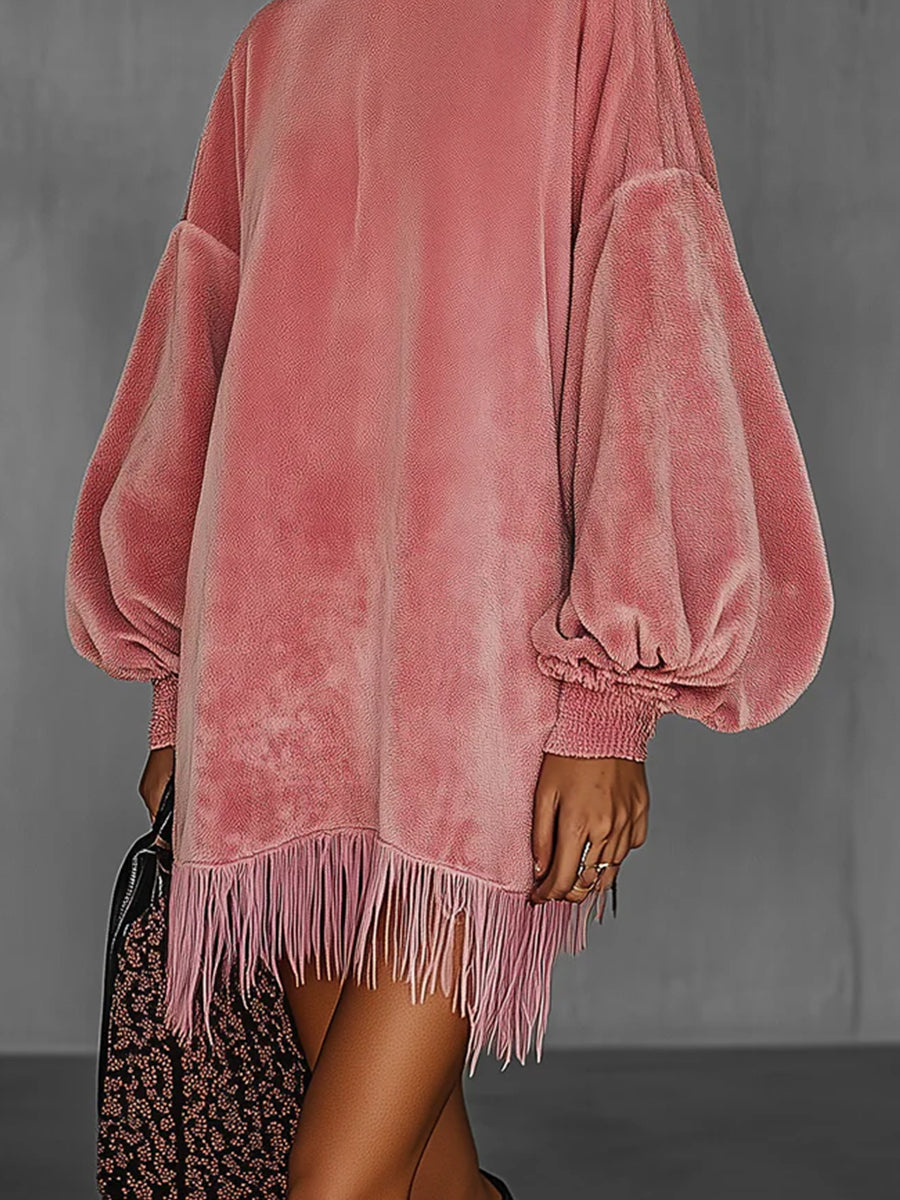 Daily Pink Round Neck Puff Sleeve Long Sleeve Strappy Casual Contrast Velvet Mini Dresses