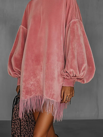 Daily Pink Round Neck Puff Sleeve Long Sleeve Strappy Casual Contrast Velvet Mini Dresses