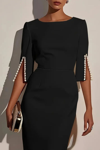 Solid Color Elegant Round Neck Half Sleeve Beaded Decorated Slim Fit Midi Dress