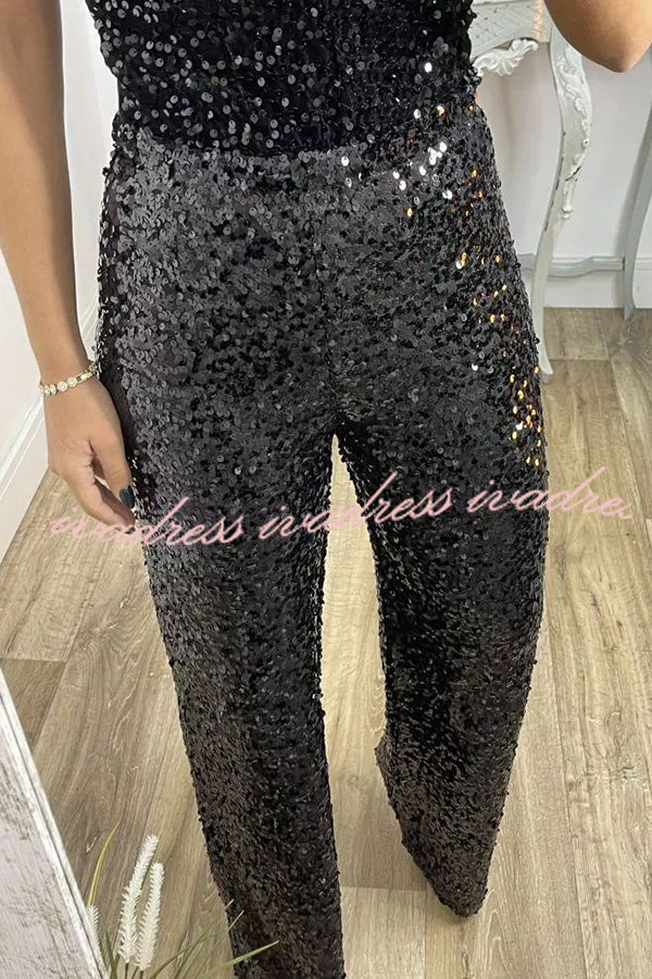 Glitzy Glamour Sequin High Rise Elastic Waist Wide Leg Pants