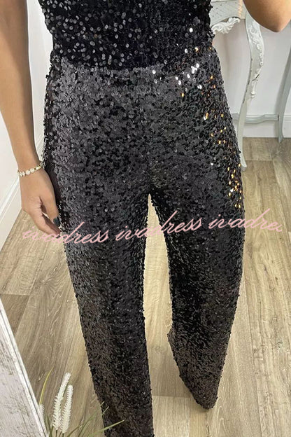 Glitzy Glamour Sequin High Rise Elastic Waist Wide Leg Pants