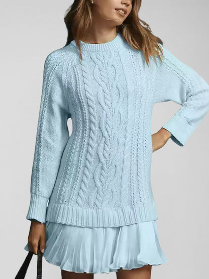 Daily Chiffon Beige Round Neck Long Sleeve Contrast Casual Knitted Mini Dresses